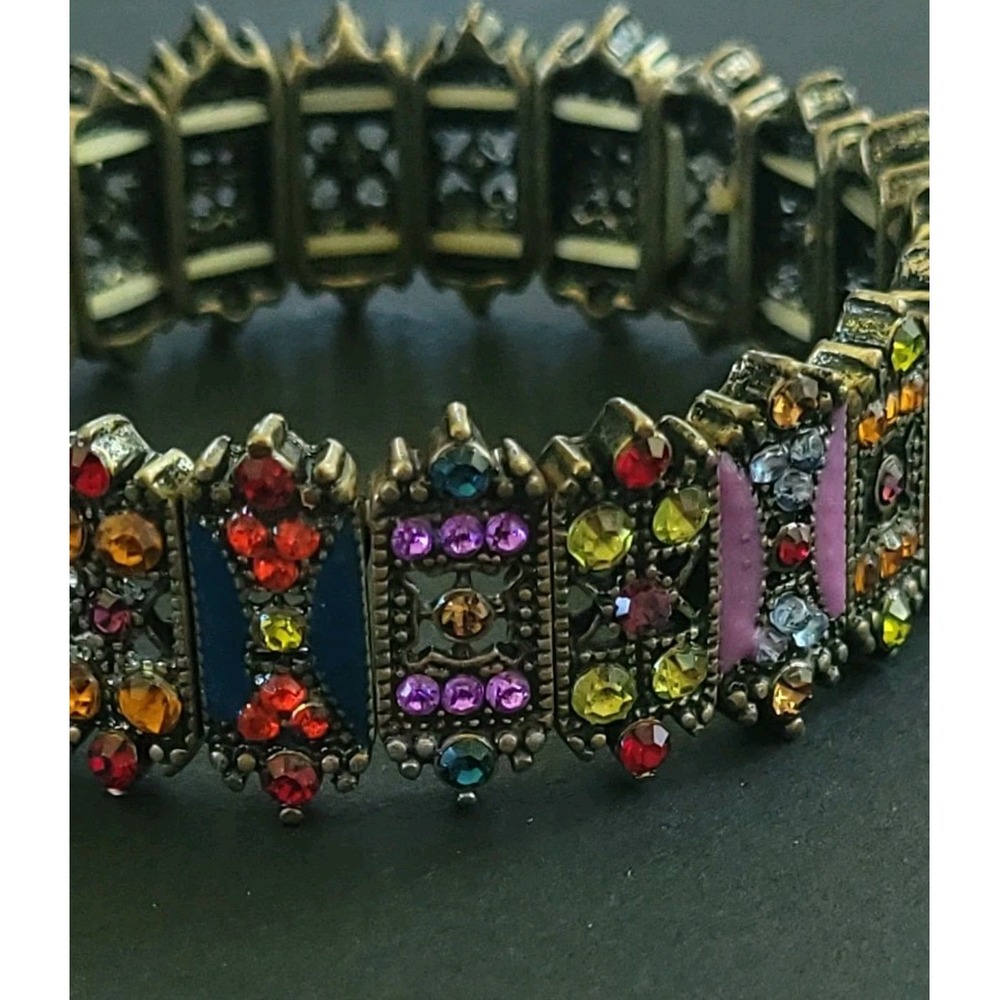 Vintage Multicolor Rhinestone Panel Stretch Bracelet Antiqued Gold Tone Wide